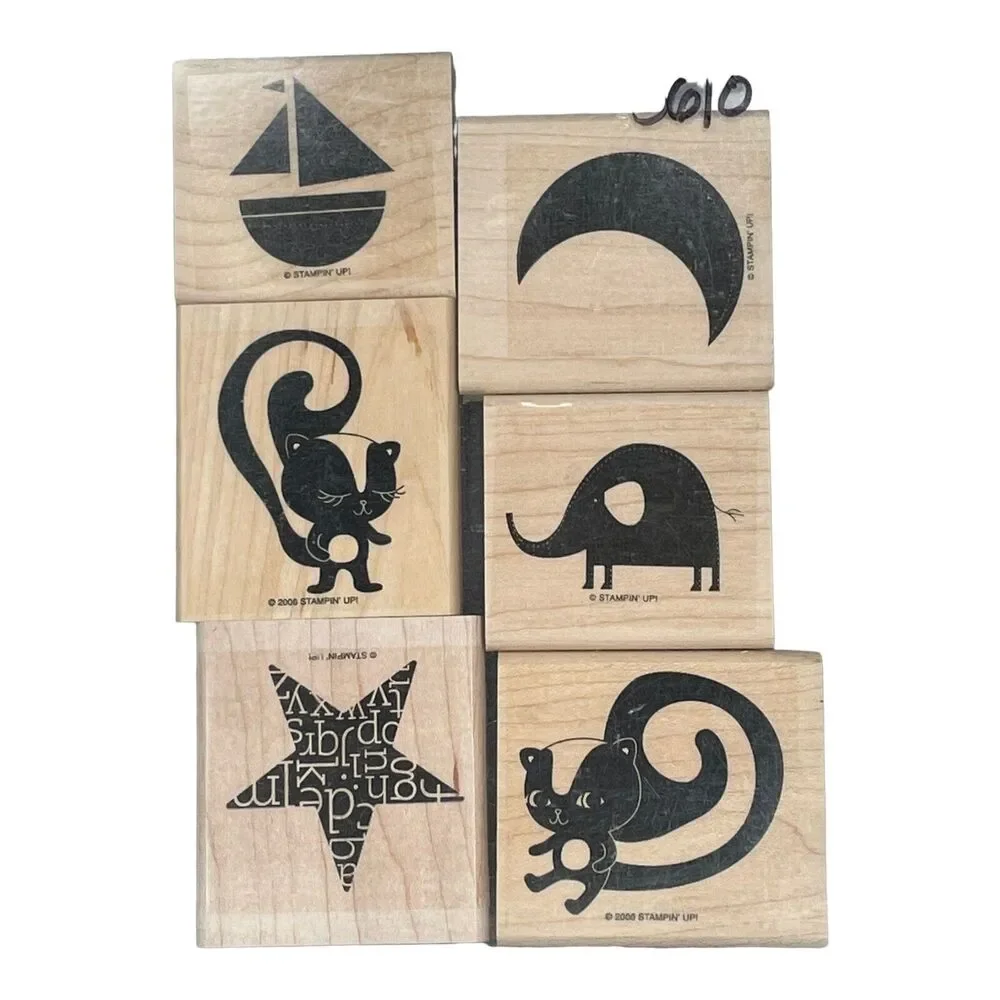 Stampin Up 2006 Rubber Stamps Wood Star, Skunk, Elephant, Moon  Lot of 6